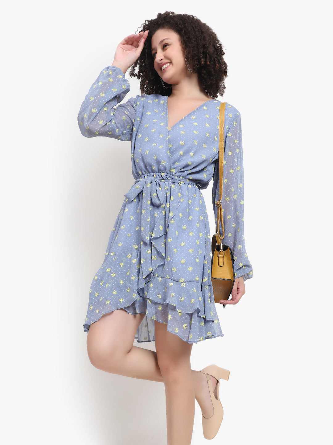 Cross Neck Georgette Short Dress with Full Sleeves | OEM & Exporter from Delhi - Olizzo