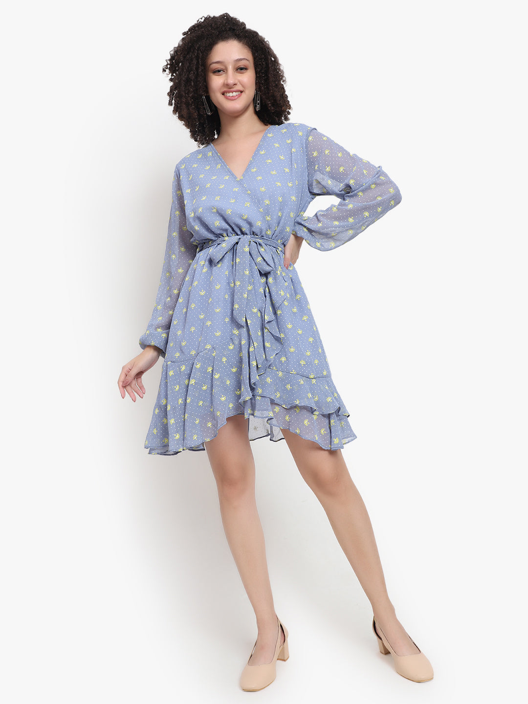 Cross Neck Georgette Short Dress with Full Sleeves | OEM & Exporter from Delhi - Olizzo