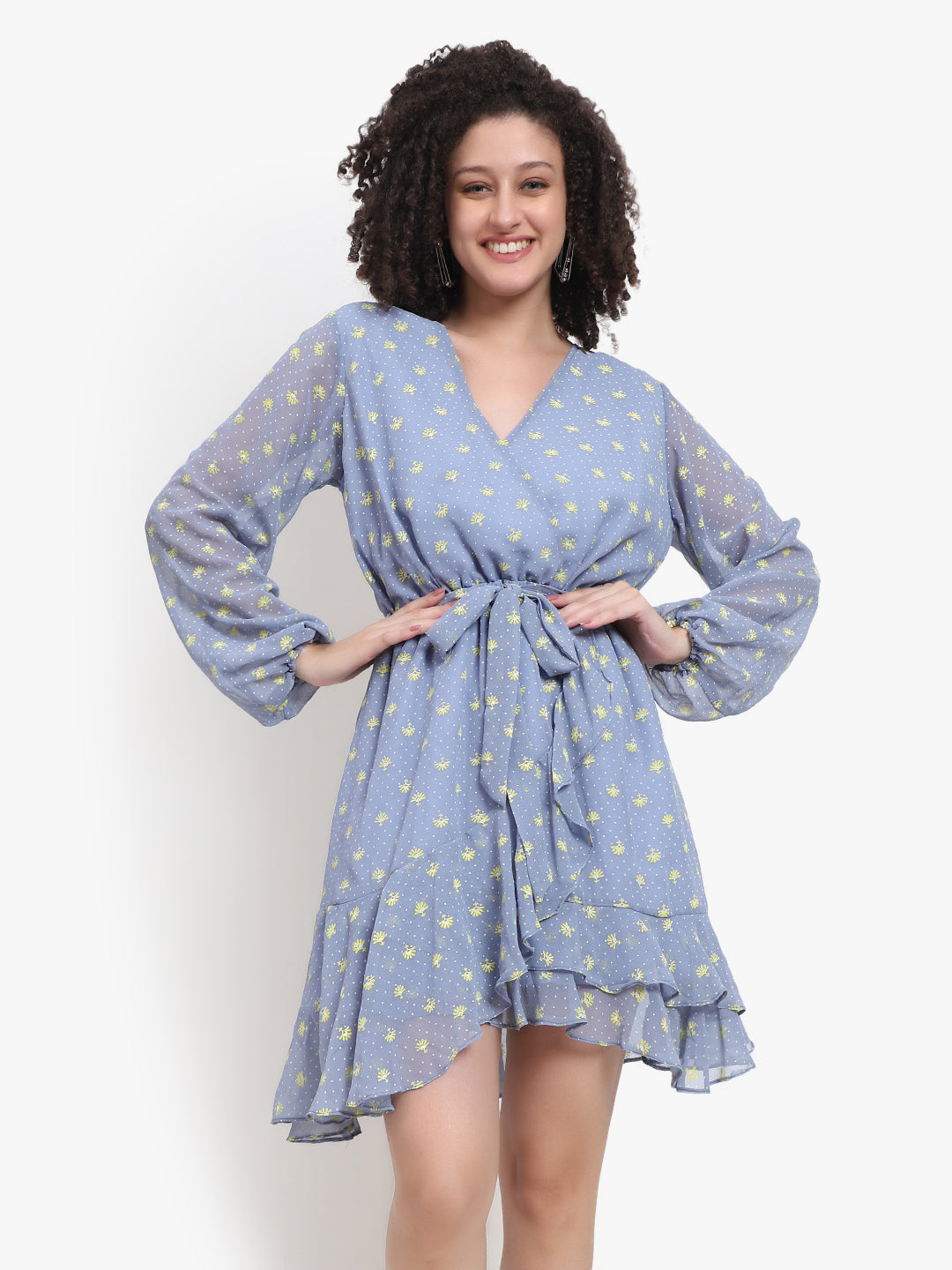 Cross Neck Georgette Short Dress with Full Sleeves | OEM & Exporter from Delhi - Olizzo