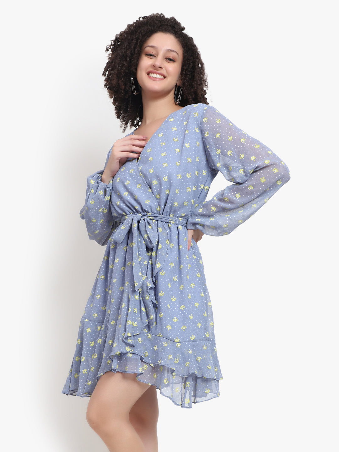 Cross Neck Georgette Short Dress with Full Sleeves | OEM & Exporter from Delhi - Olizzo