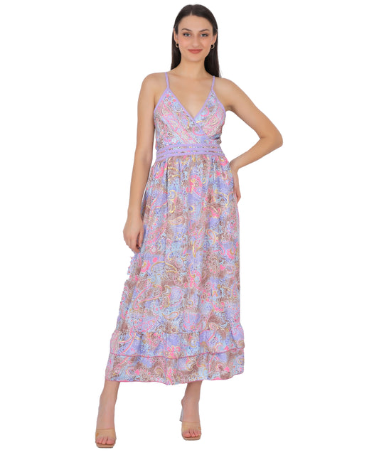 Boho Silk Long Dress | Free Size Tu | Pastel Indian Saree Dress