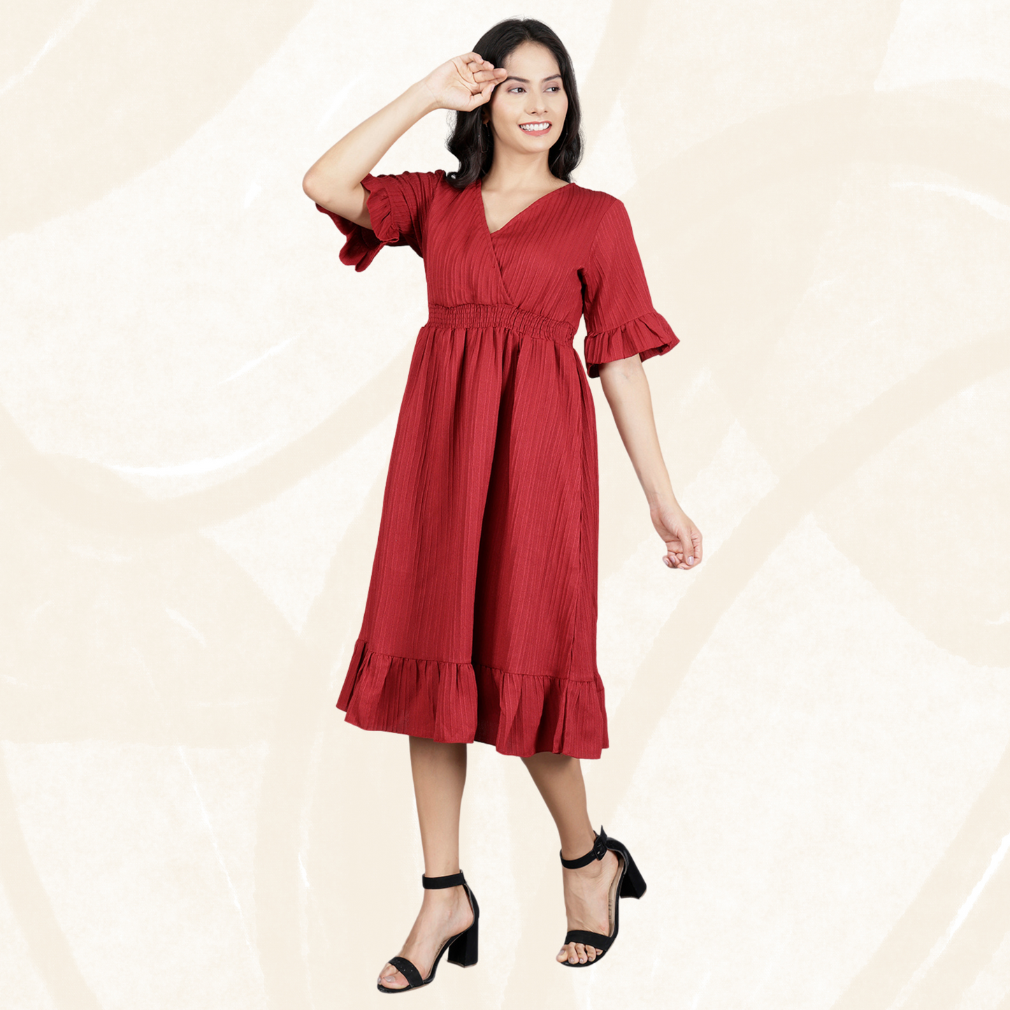 Western Short Dress – Solid Color with Waist Smocking | Striped Poly Fabric