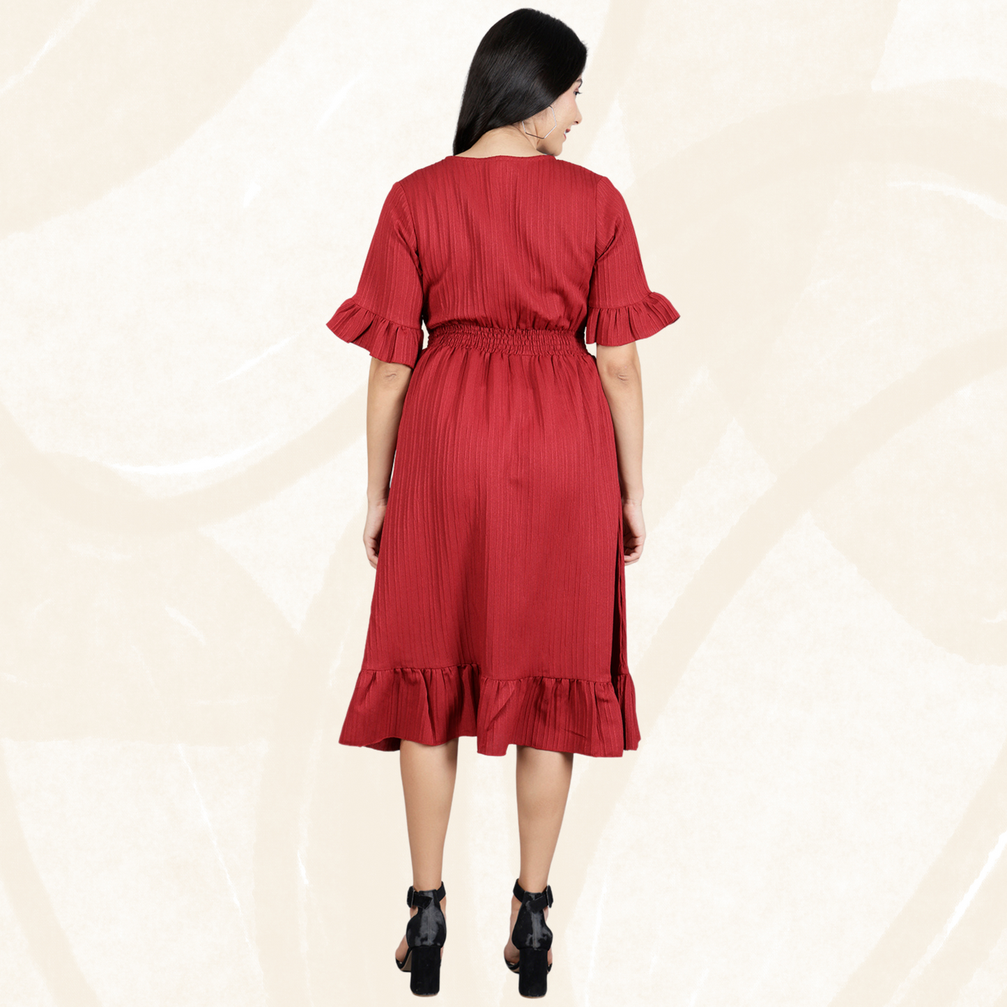 Western Short Dress – Solid Color with Waist Smocking | Striped Poly Fabric