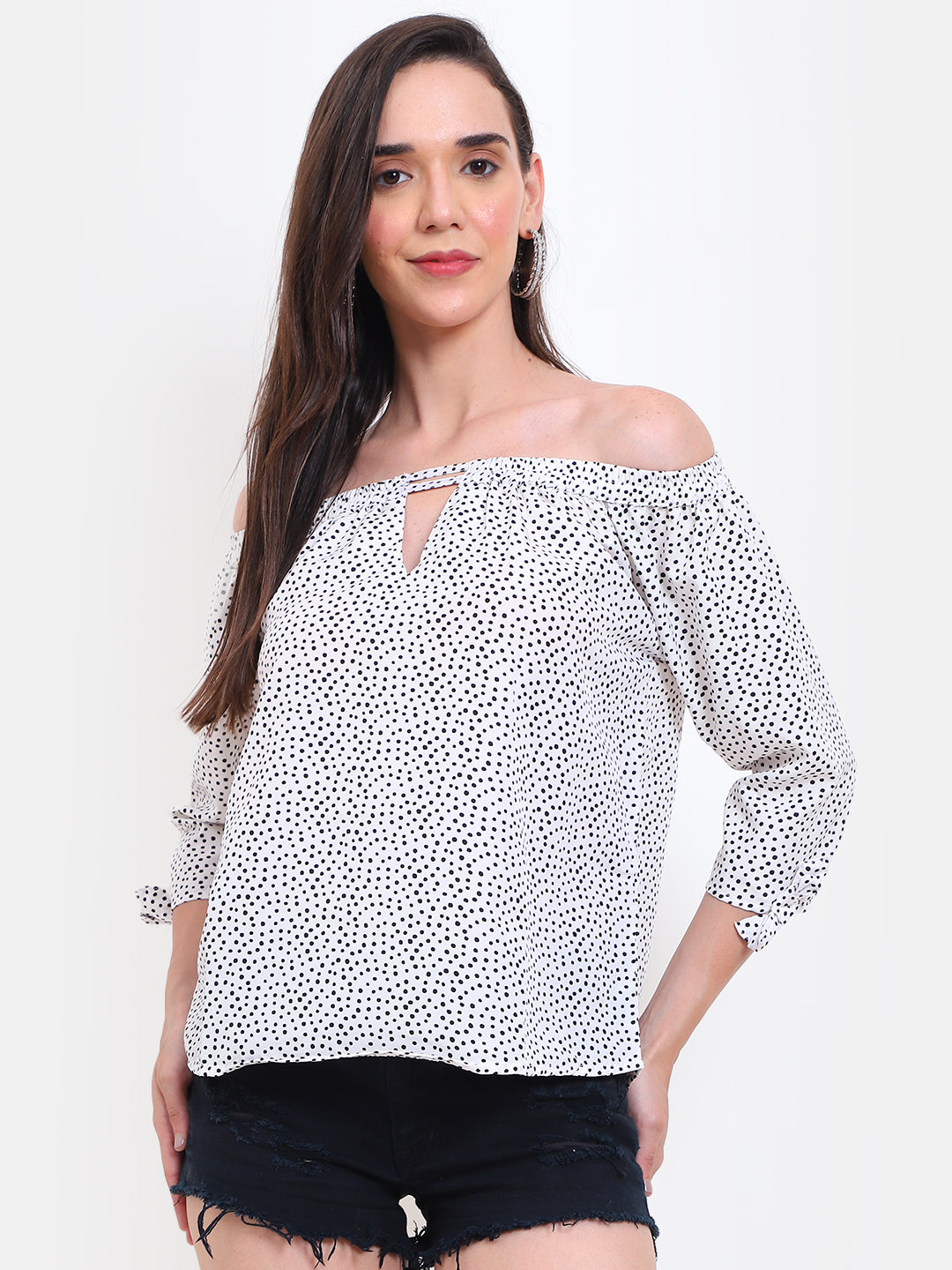 Polka Dot Off-Shoulder Top with Keyhole Design