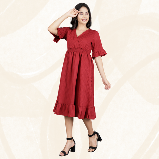 Western Short Dress – Solid Color with Waist Smocking | Striped Poly Fabric