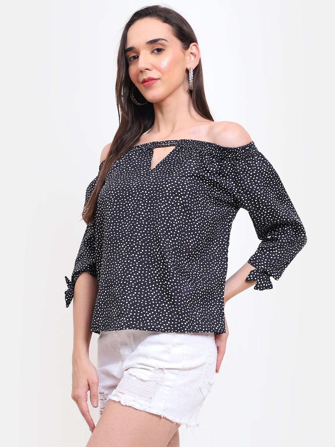 Polka Dot Off-Shoulder Top with Keyhole Design