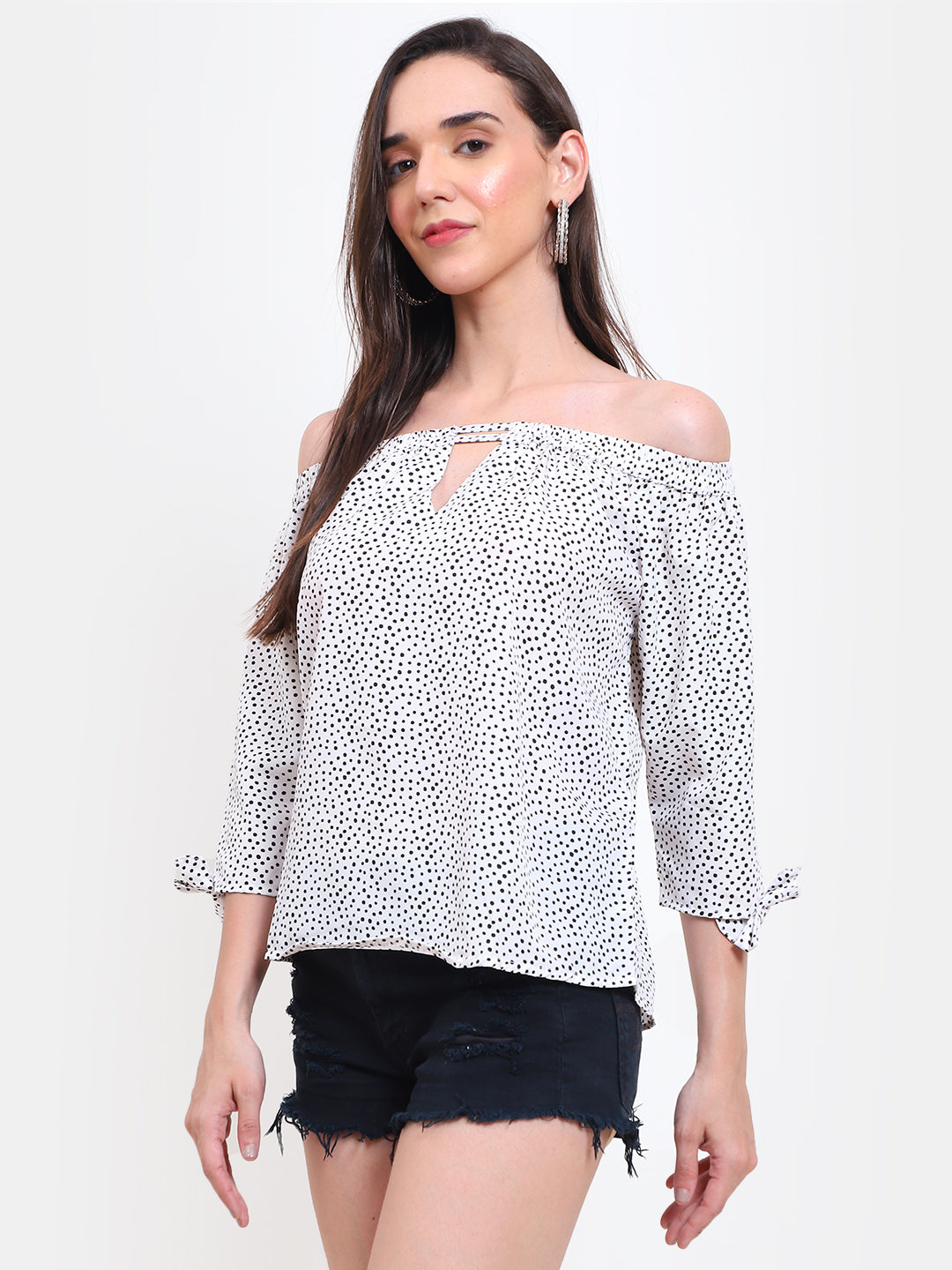 Polka Dot Off-Shoulder Top with Keyhole Design