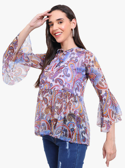 Georgette printed  Top with bell sleeves