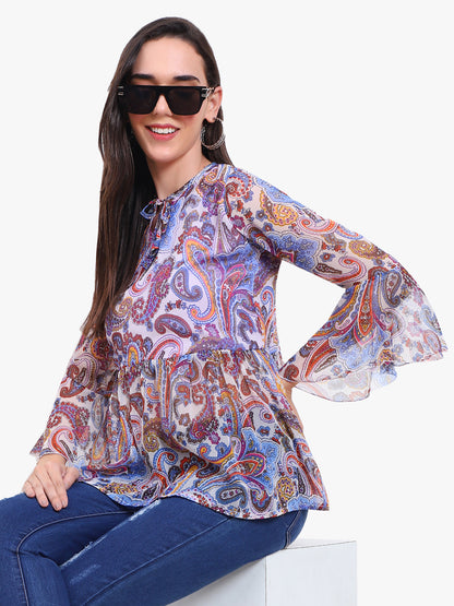 Georgette printed  Top with bell sleeves