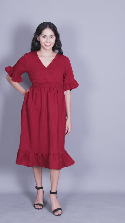 Western Short Dress – Solid Color with Waist Smocking | Striped Poly Fabric